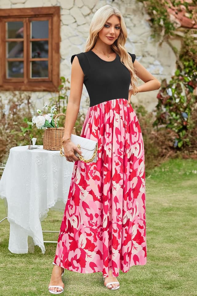 Detalle 2 de OUGES Sommerkleid Damen Lang mit Rüschen, Maxikleid mit Taschen