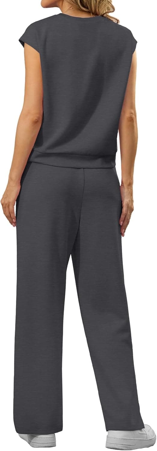 Detalle 2 de GRECERELLE two-piece summer lounge set for women: crew neck cap sleeve top and pocket joggers