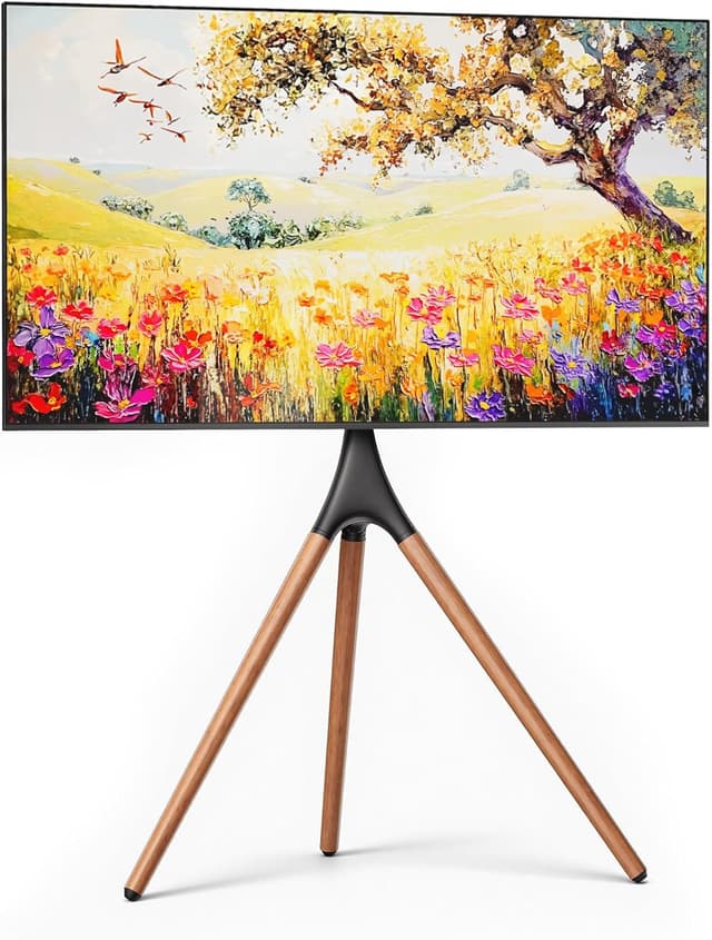 Detalle de ECOTINY Artistic Easel TV Stand (Tripod Floor Mount) for 43–65 Inch TVs, 180° Swivel, Max VESA 600×400mm, Black Walnut