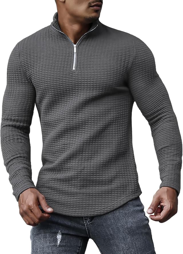 Detalle de KUYIGO men’s long sleeve zip polo shirt (slim fit) in textured ribbed stretch fabric