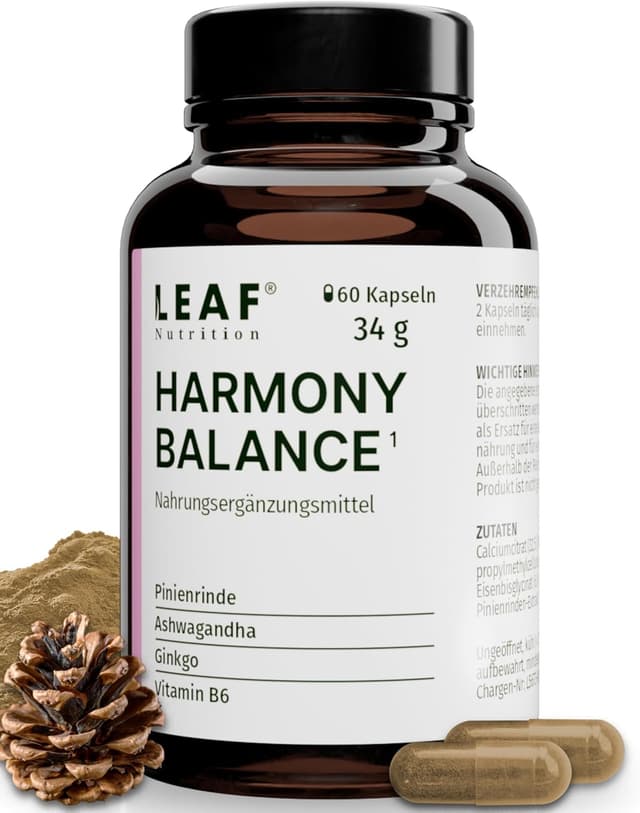 Detalle de LEAF HARMONY BALANCE Balance-Kapseln für Frauen mit Vitamin B6, Ashwagandha, Pinienrinde & Ginkgo – 60 vegane Kapseln