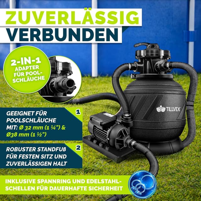 Detalle de tillvex® Sandfilteranlage Pool (7.900 l/h) inkl. 7-Wege-Ventil, Druckanzeige & 400 g Filterbälle