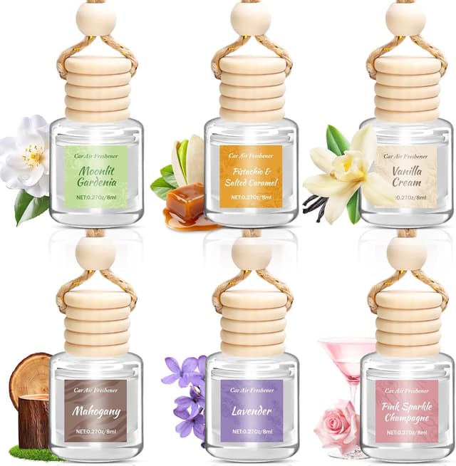 Detalle de Vetuslumen 6-Pack Car Air Freshener for Women (8ml Each) — Hanging Glass Diffuser with Slow-Release Essential Oil Scents