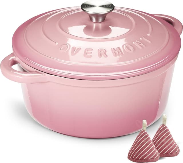 Detalle de Overmont 26cm/5.2L Enamelled Cast Iron Round Casserole Pot with Lid (Pink) — Lid, Cookbook & Cotton Potholders