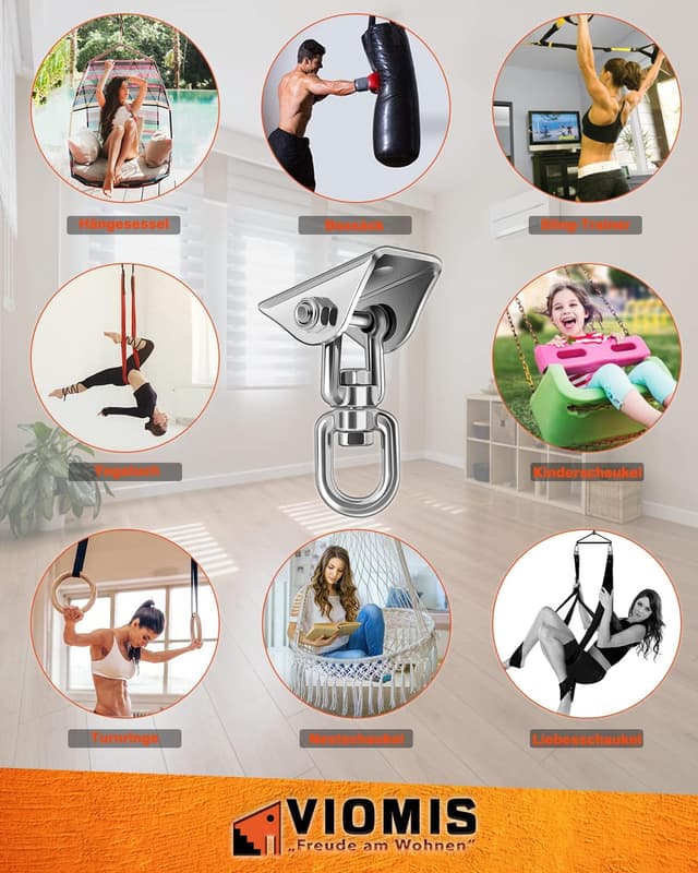 Detalle de Viomis Edelstahl Deckenhaken für Hängesessel bis 450 kg – 360° drehbare Deckenhalterung