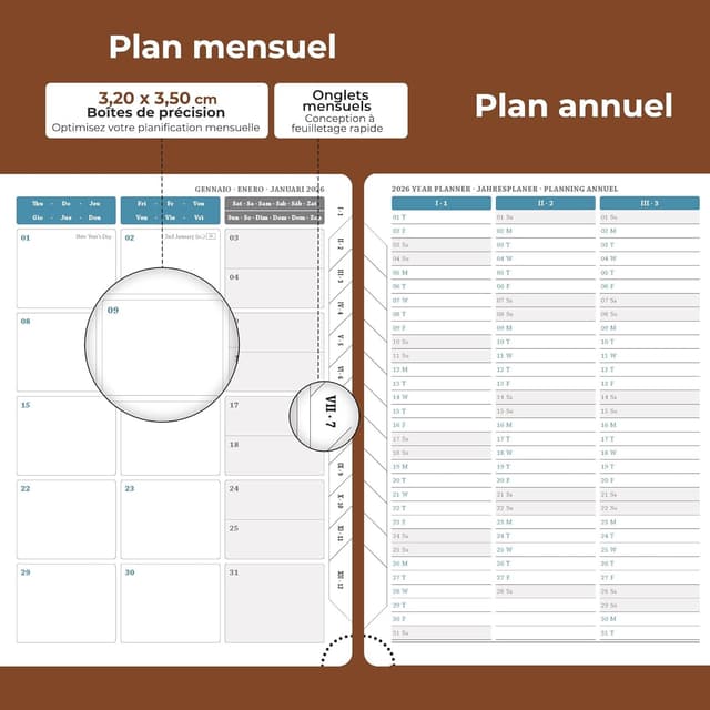 Detalle 2 de IN-LUXPRO Agenda 2026 semainier et carnet de notes A5 moyen (21,9 x 16,4 cm) en spirale, marron