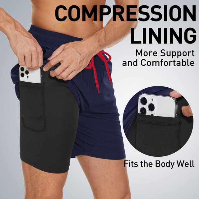 Detalle de Arcweg Herren-Badehose mit Kompressions-Liner (2-in-1) – atmungsaktive Badeshorts mit Tunnelzug und Reißverschlusstaschen