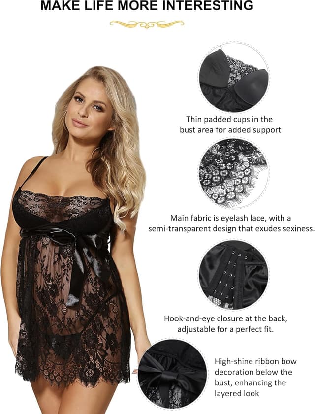 Detalle de ohyeahlady Sexy Lingerie Set Babydoll with Eyelash Lace, Mesh Chemise & Thong