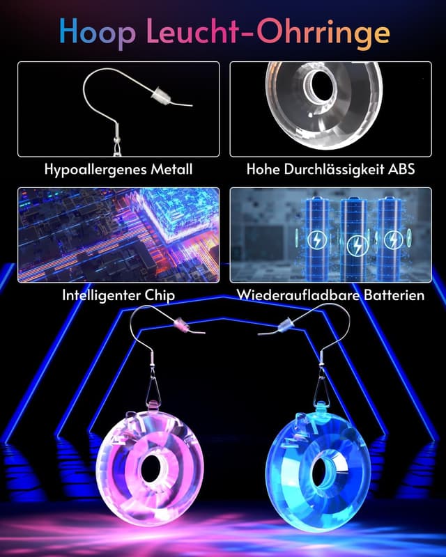 Detalle de LED Ohrringe „Rhombic Discokugel“ mit 16 Lichtmodi – USB-wiederaufladbar für Disco, Rave & Party