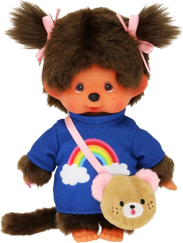 Detalle 2 de Sekiguchi 233724 Monchhichi bambina con maglietta arcobaleno, borsa e fiocchi (peluche ~20 cm)