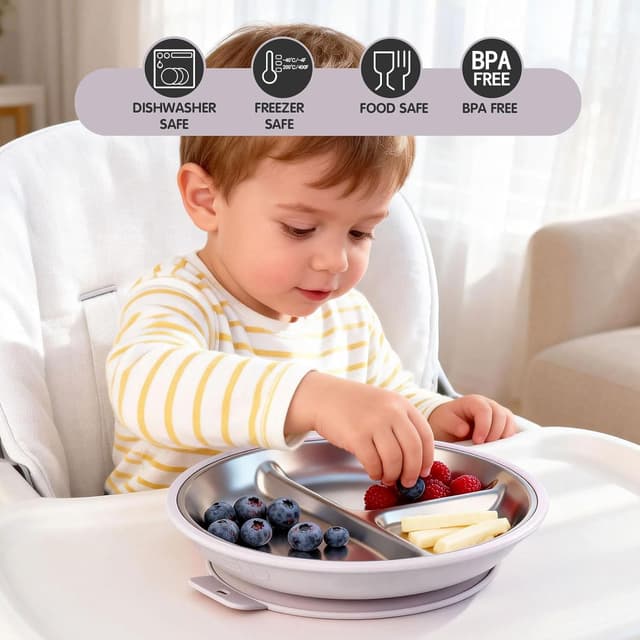 Detalle 2 de Greentainer 3 Pack Stainless Steel Divided Plate with Suction Base (Pink) – Baby-Led Weaning toddler feeding set