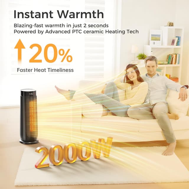 Detalle de AROEVE Aroeve Electric Heater 2000W PTC Fan Heater with Remote, 90° Oscillation & 24H Timer