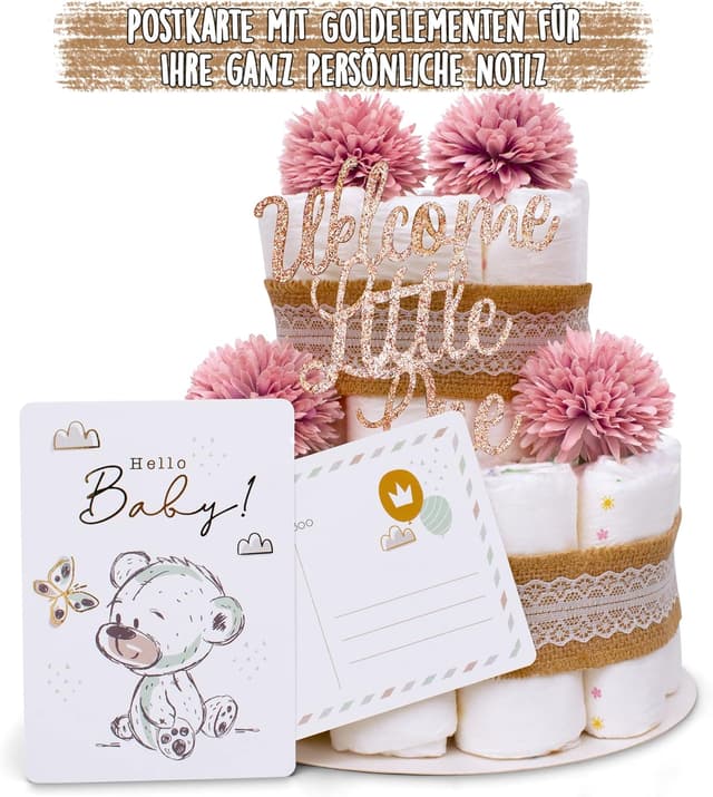 Detalle de MilaBoo® Vintage Windeltorte Neutral – Boho Windeln im 2‑stöckigen Set (26 Stück), Größe 2 (Medium)