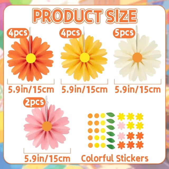 Detalle de SUNBEAUTY 48er Set Papierfächer Deko (Ø 15 cm) mit Stickern – orange & gelb für Party, Garten, Hochzeit & Kinder