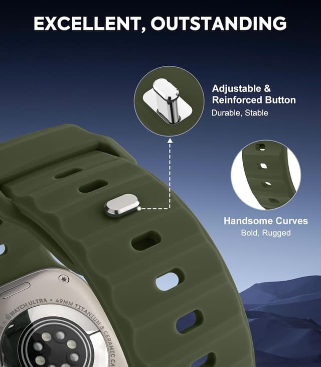 Detalle de MoKo Ocean Bands silicone replacement strap for Apple Watch Ultra 2, Series 9/8/7/6/5/4/3/SE (49mm–42mm)