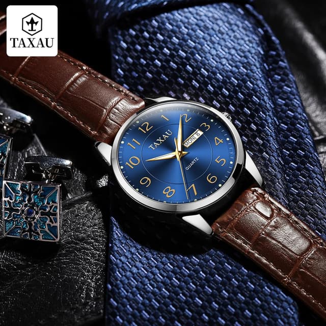 Thumbnail 6 de Taxau Klassische Lederuhr für Herren – Analog, Quarz, Big Dial mit Lumen- & Day-Date-Anzeige