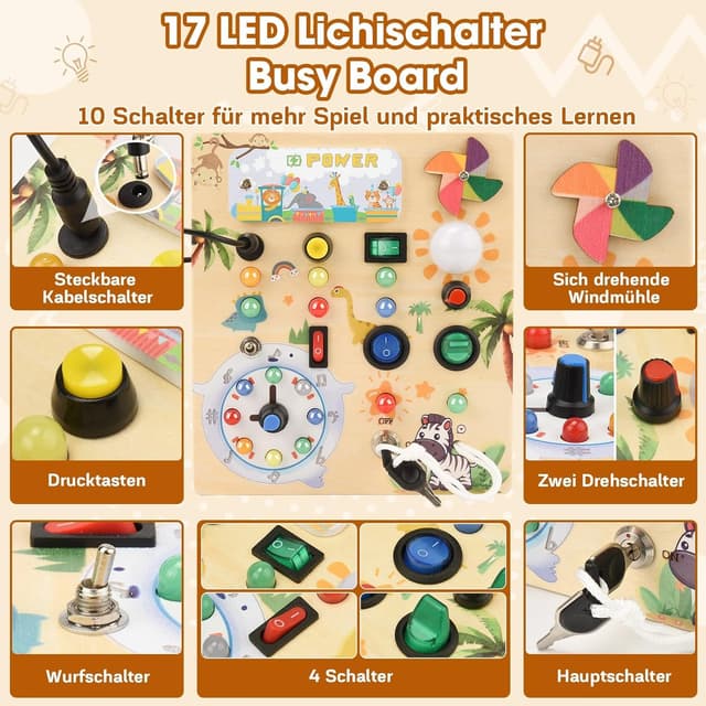 Detalle de MILFECH Montessori Busy Board aus Massivholz – Aktivitätsbrett mit 10 Schaltern und 17 LEDs