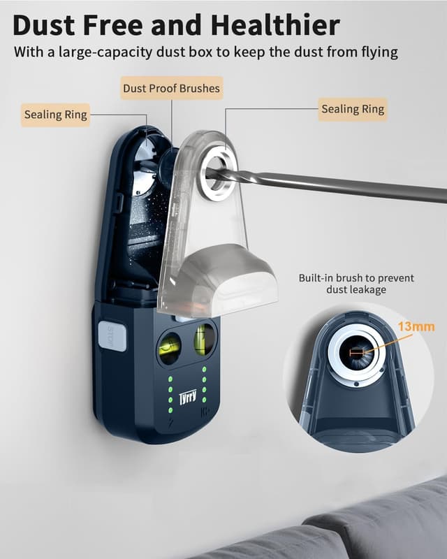 Detalle de Tyrry Livella Laser 4 in 1 con ventosa elettronica a vuoto, raccogli polvere per trapano e supporto a parete