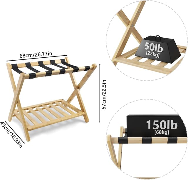 Thumbnail 6 de Smuxee Fully Assembled Bamboo Foldable Luggage Rack with Shelf & 5 Nylon Straps