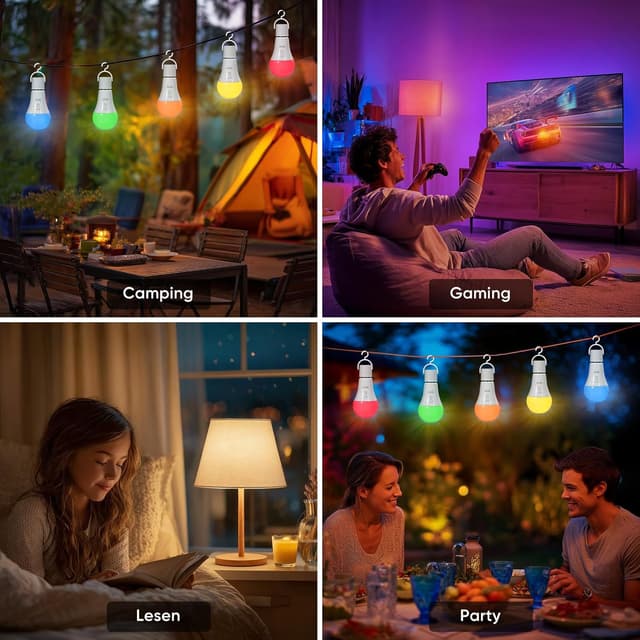 Detalle 2 de Kimjo RGB LED Lampe E27 mit Fernbedienung – akkubetrieben, dimmbar (7W) für Outdoor & Camping