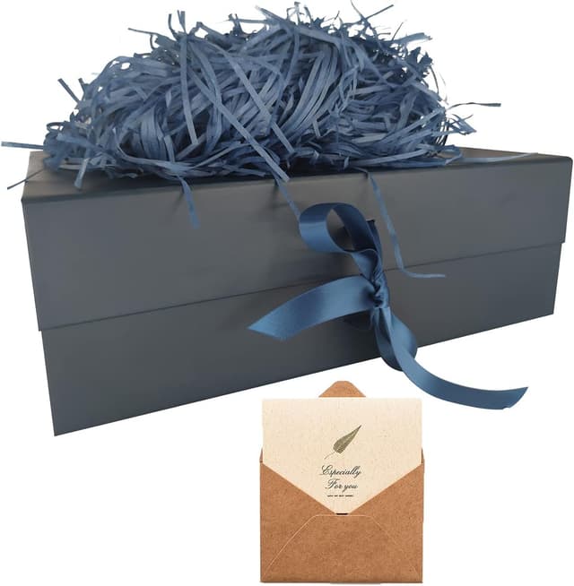 Detalle de Large Blue Gift Box 33x26x11cm with Magnetic Lids and Silk Ribbon – Present, Birthday & Holiday Packaging