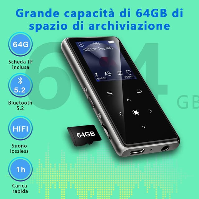 Detalle de AiMoonsa lettore MP3 da 64 GB con Bluetooth 5.2, altoparlante HD e radio FM
