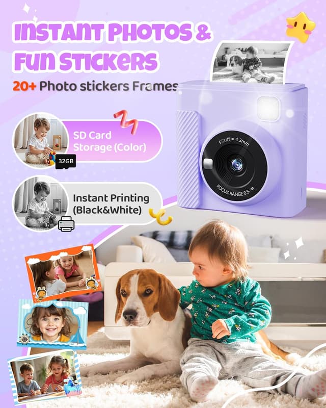 Detalle de TIATUA Kids Instant Print Camera (Purple) — 1080P HD Video + Instant Black-and-White Prints for Ages 3–14