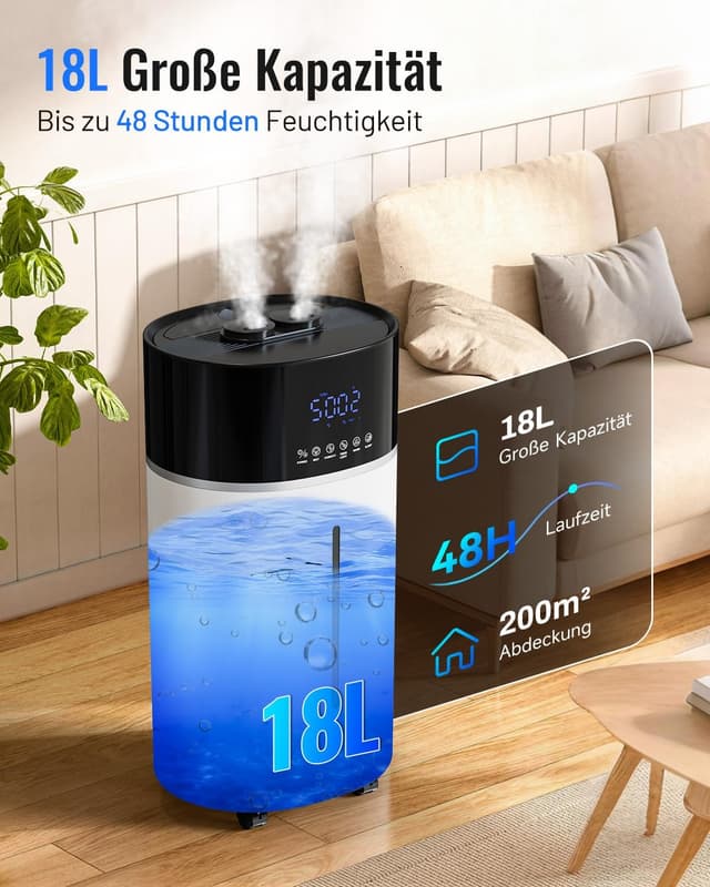 Detalle 2 de Luftbefeuchter Große Räume 18L mit Warm- & Kaltnebel, Extended Tube und Fernbedienung (bis 200 m²) – Weiß