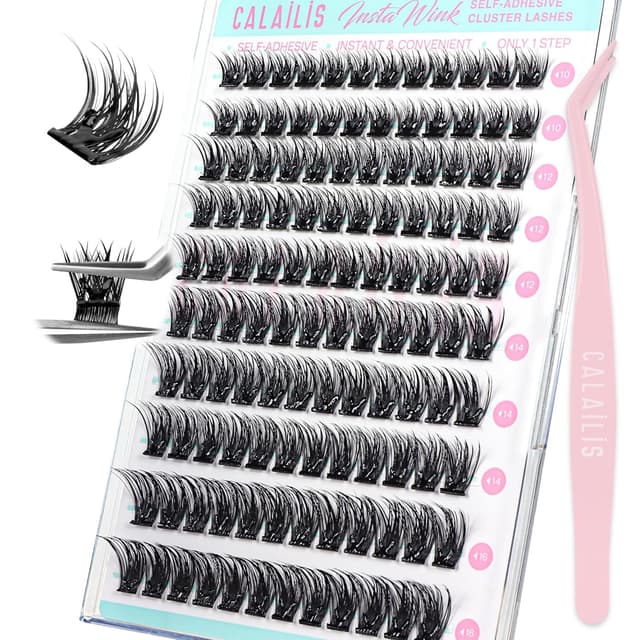 Detalle de CALAILIS selbstklebende Wimpern Extensions (W/V-Klebestreifen) – 120 Stück, D-Curl, Wispy, D-Idee mit Pinzette (ZBP10D)