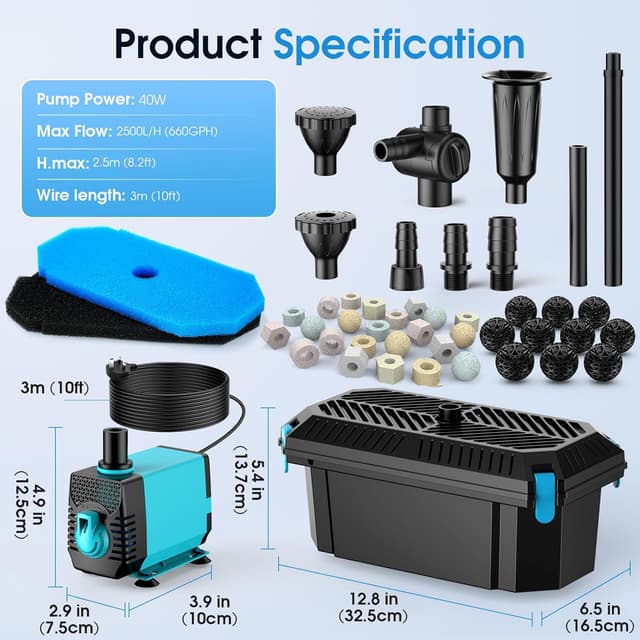 Detalle 2 de POPOSOAP Pond Filter with Pump Fountain Kit (2500 L/H, 40W) for Outdoor Ponds