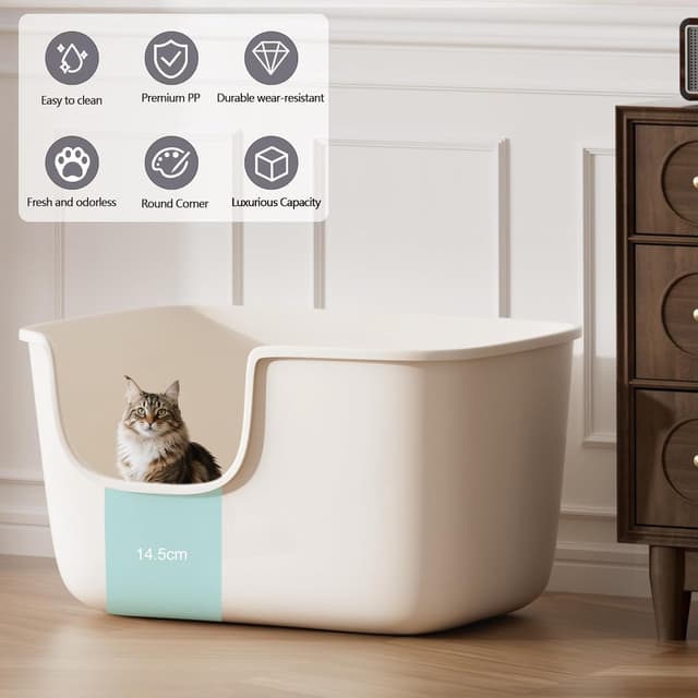 Detalle de Vealind XXL Katzentoilette für Mehrkatzenhaushalte (56 × 41 × 31 cm), offene Toilette mit niedriger Einstiegskante