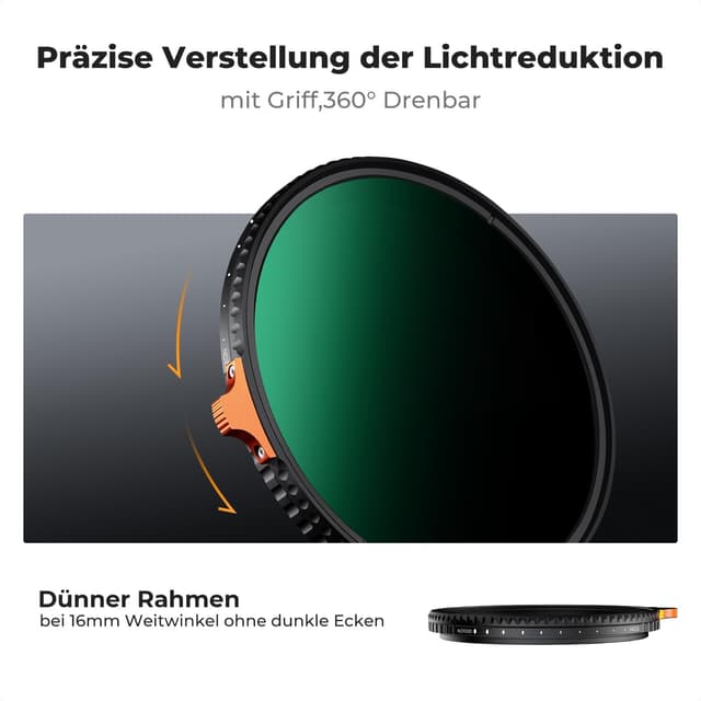 Detalle de K&F CONCEPT Nano X-Serie Variabler ND-Filter ND3–ND1000 (49 mm) – 1,5 bis 10 Blendenstufen