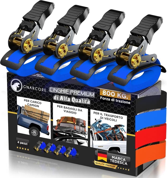 Detalle de Cinghie di fissaggio a cricchetto Premium (set da 4) da 800 kg con borsine e certificato DIN EN 12195-2