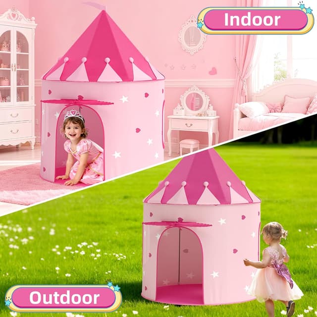 Detalle 2 de KORIMEFA Kids Play Tent (Princess Wendy House) for ages 1–8, pink pop-up indoor/outdoor playhouse, 105x105x135cm