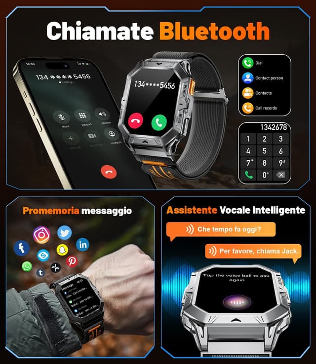 Detalle de Smartwatch Uomo Militare TX1 grigio con batteria da 1000mAh, bussola/barometro e 10ATM