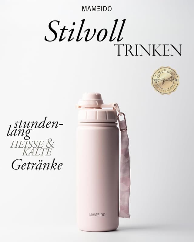 Detalle 2 de MAMEIDO Thermosflasche mit Strohhalm (500 ml) aus Edelstahl, auslaufsicher und BPA-frei