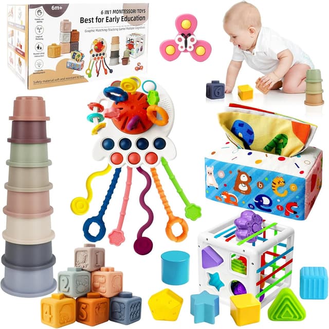 Detalle de EPOGG 6-in-1 Montessori Baby Toys Set (6–12 Months Up) with Pull String, Stacking Cups, Tissue Box & More