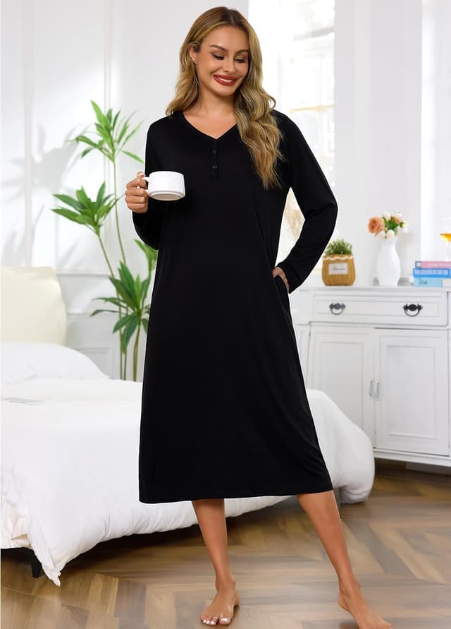 Detalle de Lovasy long-sleeve cotton nightdress for women with pockets – long nightshirt nightwear