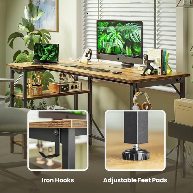 Detalle de DOMSHOCT 120 x 70cm Corner L-shaped computer desk with power outlets and reversible storage shelves (Rustic Brown)