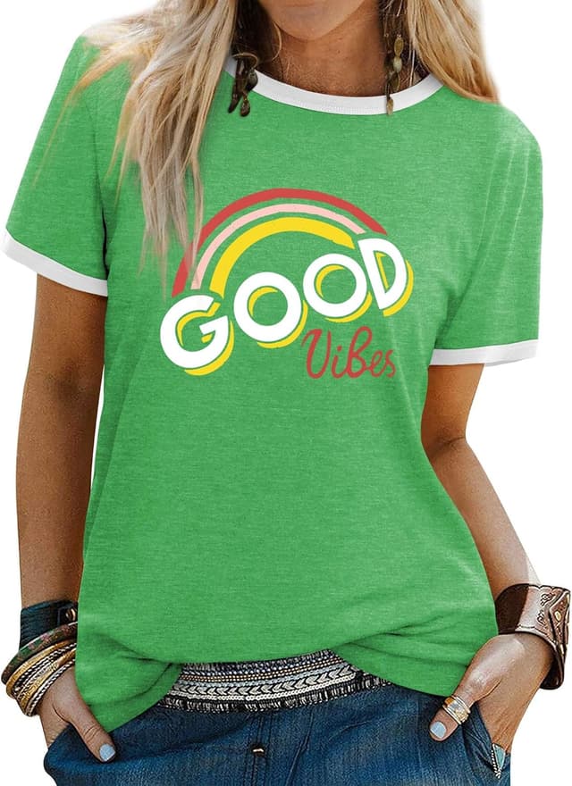 Thumbnail 6 de WIEIYM Women’s “Good Vibes” Rainbow Graphic T-Shirt with Round Neck (Short Sleeve)