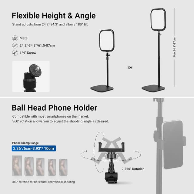 Detalle de NEEWER Basics 10.8" Video Conference Lighting with Desk Stand & Phone Holder (15W Bi-Colour, CRI95+)