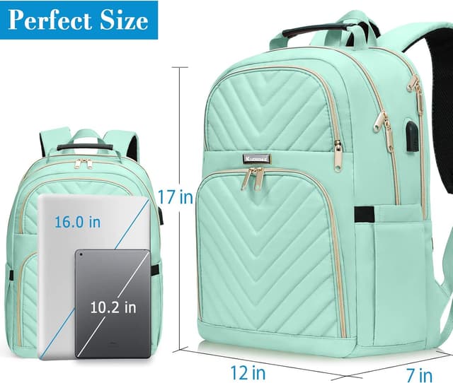 Detalle 2 de Travel Laptop Backpack for Teens (15.6 inch) with Charging Port, 25L Quilted Work Bag – Teal