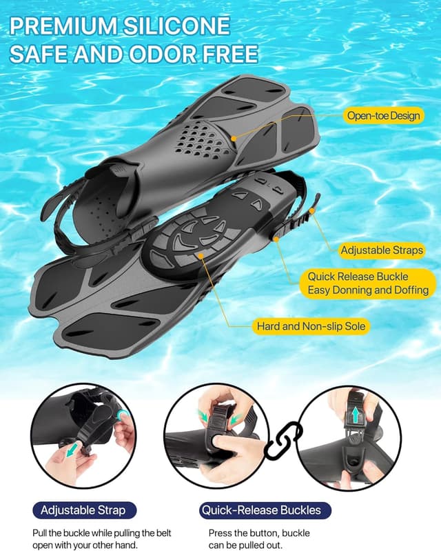Detalle 2 de Ubekezele 4-in-1 Snorkeling Gear Set for Adults (Panoramic Mask, Dry-Top Snorkel, Adjustable Fins & Travel Bag)
