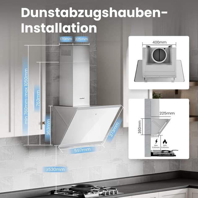 Detalle 2 de COMFEE' CH60J64ET4A2W Dunstabzugshaube 60 cm (A++), Umluft/Abluft, 380 m³/h, Edelstahl/Glas Touch