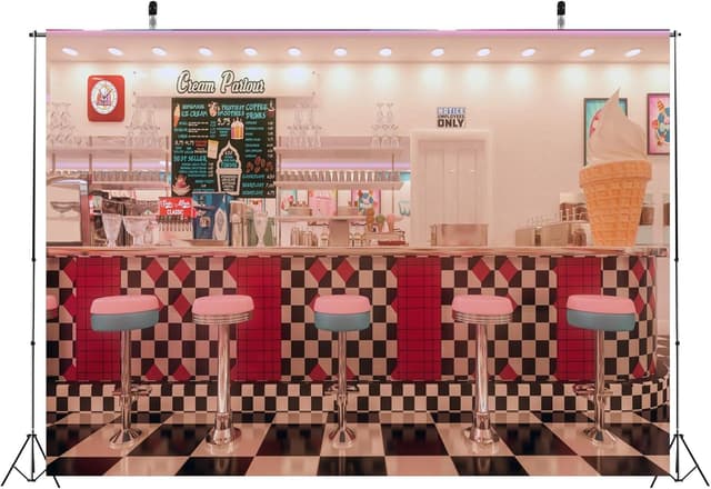 Detalle 2 de BELECO Vintage 50s Diner Backdrop for Photography (American Diner style, 2.1 x 1.5 m polyester fabric)