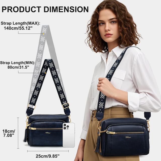 Detalle de HILAEX Umhängetasche Damen mit Anti-Diebstahl, mittelgroß, 4 Fächer und verstellbarem breiten Gurt