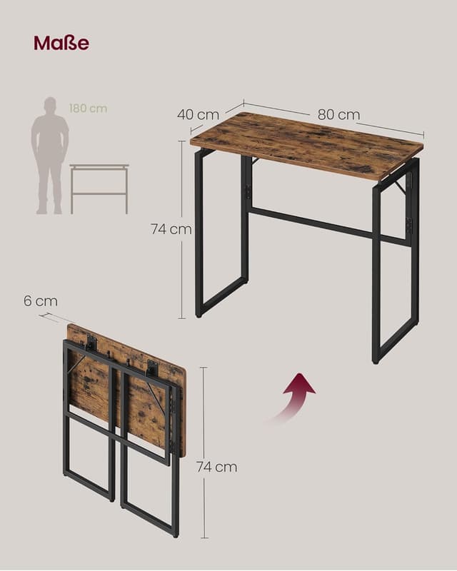 Detalle de VASAGLE Klapptisch LWD151KD01 – kleiner Schreibtisch, klappbar mit 80 x 40 cm Tischplatte