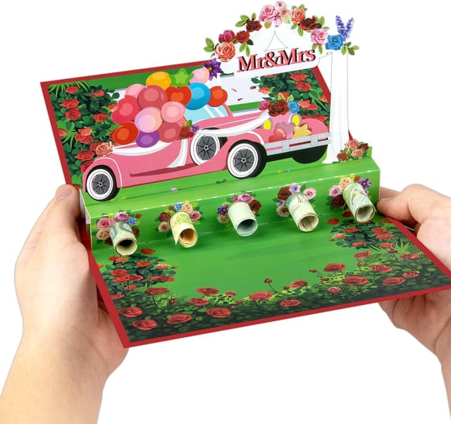 Detalle 2 de Money Holders Pop-Up Wedding Car Greeting Card with Cash Slot, Blank Note Cards & Envelopes