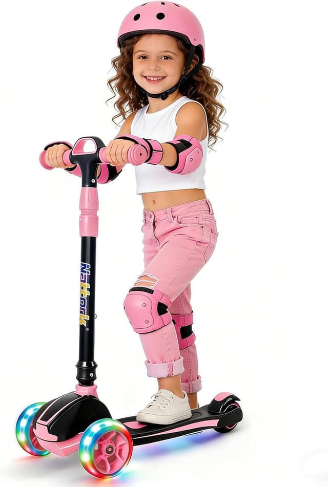 Detalle de Nattork Kids Scooter (Age 3–8) with Light-Up 3 Wheels, Foldable Design, Adjustable Height (26–32 in) and Lean-to-Steer