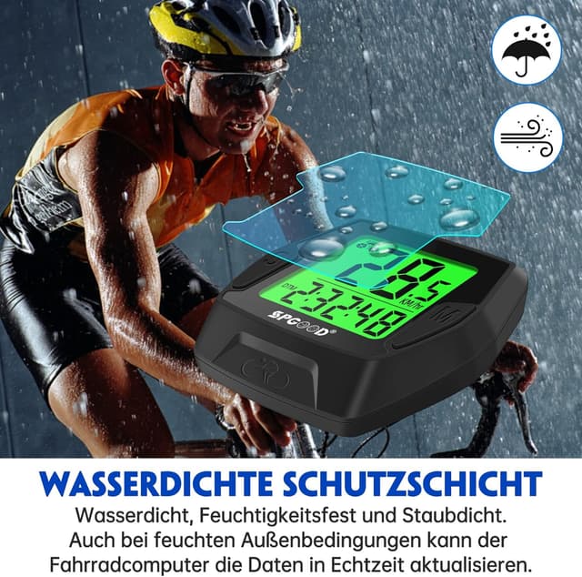 Detalle de SPGOOD kabelloser Fahrradcomputer mit 21 Funktionen, IP54 und beleuchtetem Display